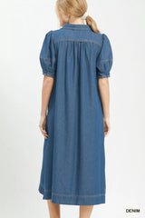 Umgee Chambray Collared Puff Sleeve Dress
