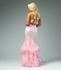 Sylvia Lace-Up Mermaid Tulle Ruffle Sequin Dress