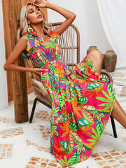 Tropical Print Smocked Tie-Strap Dress