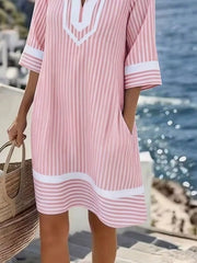 Full Size Striped V-Neck Casual Dress Plus Size