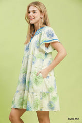 Umgee Floral Print Contrast Trim Tiered Babydoll Dress