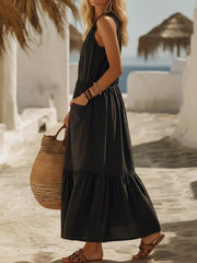 Full Size Sleeveless Zipper Front Pocket Ruffle Hem Maxi Dress Plus Size