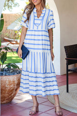 Stripe Ricrac Trim Notched Neck Half Sleeve Vacation Dress