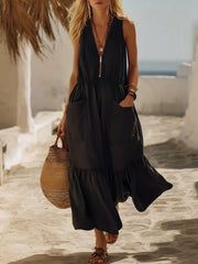Full Size Sleeveless Zipper Front Pocket Ruffle Hem Maxi Dress Plus Size