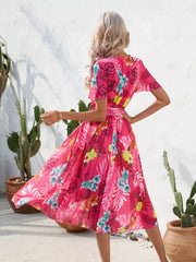 Pleated Tropical Print Belted Midi Dress