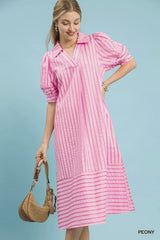 Umgee Striped Puff Sleeve Midi Dress