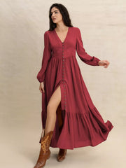 Plus Size V-Neck Balloon Sleeve Maxi Dress