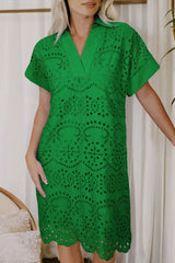 Eyelet Collared Neck Short Sleeve Dress