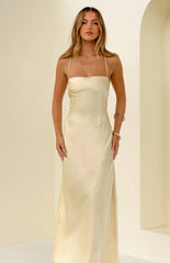 Astlee Yellow Satin Formal Maxi Dress