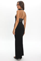 Lovelight Lace Bodice Halter Maxi Dress Black
