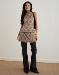 Briani Halterneck Dress in Check Plisse Brown