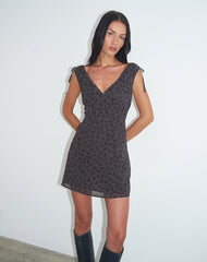 Carmila Gathered Mini Dress in Minimal Flower Dark Grey