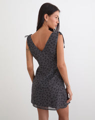 Carmila Gathered Mini Dress in Minimal Flower Dark Grey