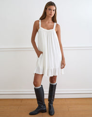 Elowen Frill Mini Dress in Crinkle Off White