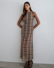 Elska Maxi Dress in Brown and Pink Blurry Check