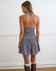 Emika Mini Dress in Shadow Blossom Blue Chiffon