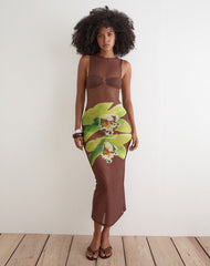 Fay Midi Dress in Brown with Green Dendrobium Flower