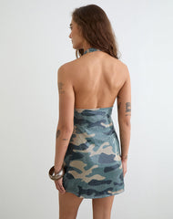 Hepasi Halter Mini Dress in Camo Sequin Khaki Green