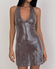 Hepasi Halter Dress in Clear Tinted Sequin Brown