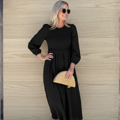 Iolana Dress - Black Long Sleeve | Women's Cotton Midi Dress