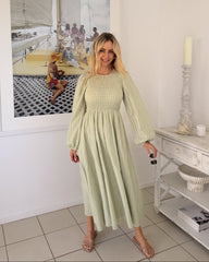 Iolana Dress - Soft Khaki Long Sleeve | Women's Cotton Midi Dress