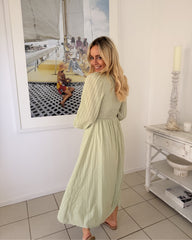 Iolana Dress - Soft Khaki Long Sleeve | Women's Cotton Midi Dress