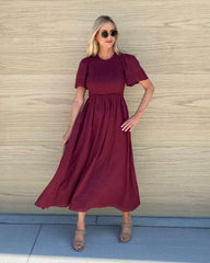 Iolana Dress Wine | Women's Cotton Smock Midi Dress