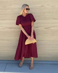 Iolana Dress Wine | Women's Cotton Smock Midi Dress