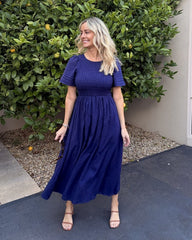 Iolana Dress Navy | Women's Shirred A-Line Midi Dress