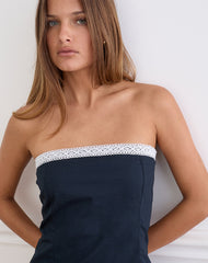 Jesamine Bandeau Dress in Dark Navy with Lace Trim