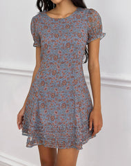 Koharu Mini Dress in Shadow Blossom Blue Chiffon