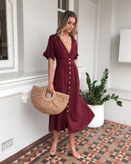 Korbela Dress Bordeaux | Women's Linen Midi Dress