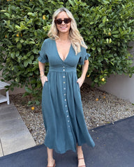 Korbela Dress Deep Green | Women's Linen Midi Dress