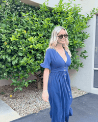 Korbela Dress Navy | Women's Linen Spot Print Midi Dress