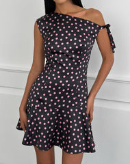 Maribel Mini Dress in Black Satin Scattered with Pink Polka