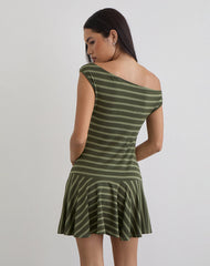 Mausari Mini Dress in Wide Stripe Green