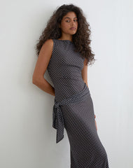 Mawa Maxi Dress in Brown with Compact Blue Polka Dots