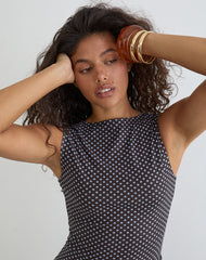 Mawa Maxi Dress in Brown with Compact Blue Polka Dots