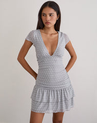 Mowgli Cap Sleeve Mini Dress in Grey with Micro White Polka