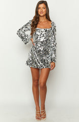 Marienne Silver Large Sequin Long Sleeve Mini Dress