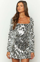 Marienne Silver Large Sequin Long Sleeve Mini Dress