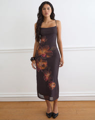 Nori Midi Dress in Brown with Orange Vibrant Lotus Print