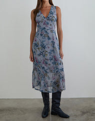 Olydia Midi Dress in Chiffon Shadow Lily Blue