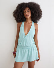 Pippa Plunge Wrap Mini Dress in Jersey Aqua