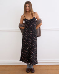 Posine Maxi Dress in Black with Red Rose Ditsy Print