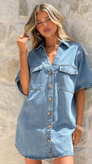 Maliha Button Up Mini Dress - Light Denim