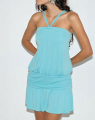 Ramira Drop Waist Mini Dress in Cupro Aqua