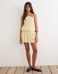 Ramira Drop Waist Mini Dress in Butter Yellow with Micro Polka Dots