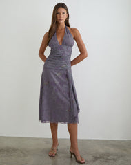 Rokoyo Halterneck Midi Dress in Flare Flower Purple
