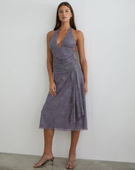 Rokoyo Halterneck Midi Dress in Flare Flower Purple